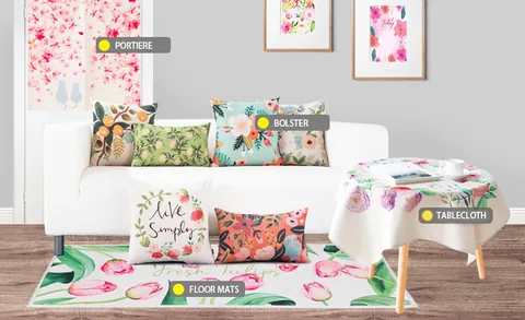Printed cushions, tablecloth and floor mat in a living room